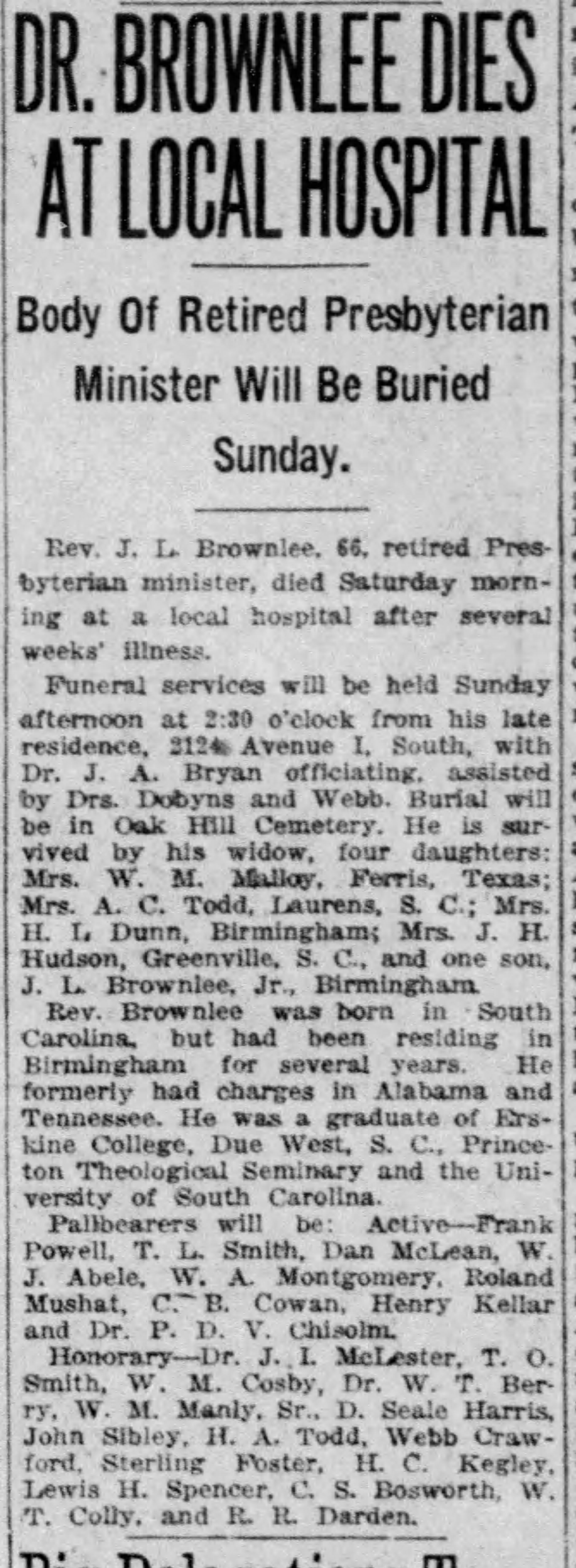 Rev. J.L. Brownlee obituary